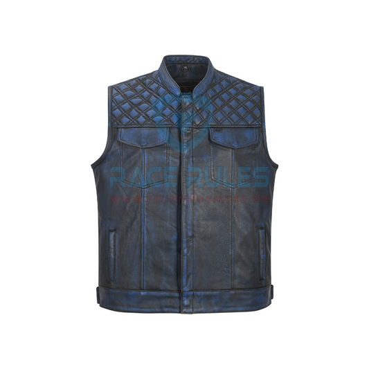 Men’s Blue Black Leather Motorcycle Club Vest – Quilted Shoulder Design