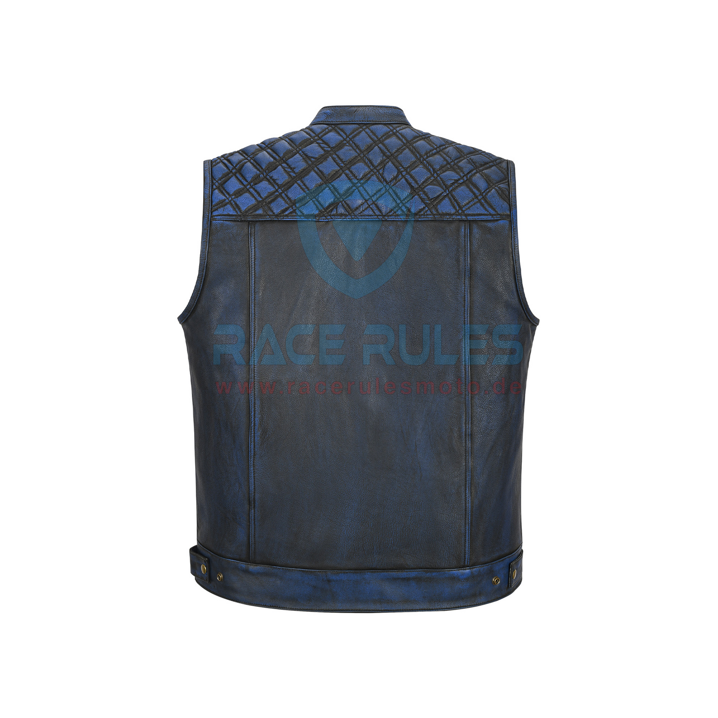 Men’s Blue Black Leather Motorcycle Club Vest – Quilted Shoulder Design