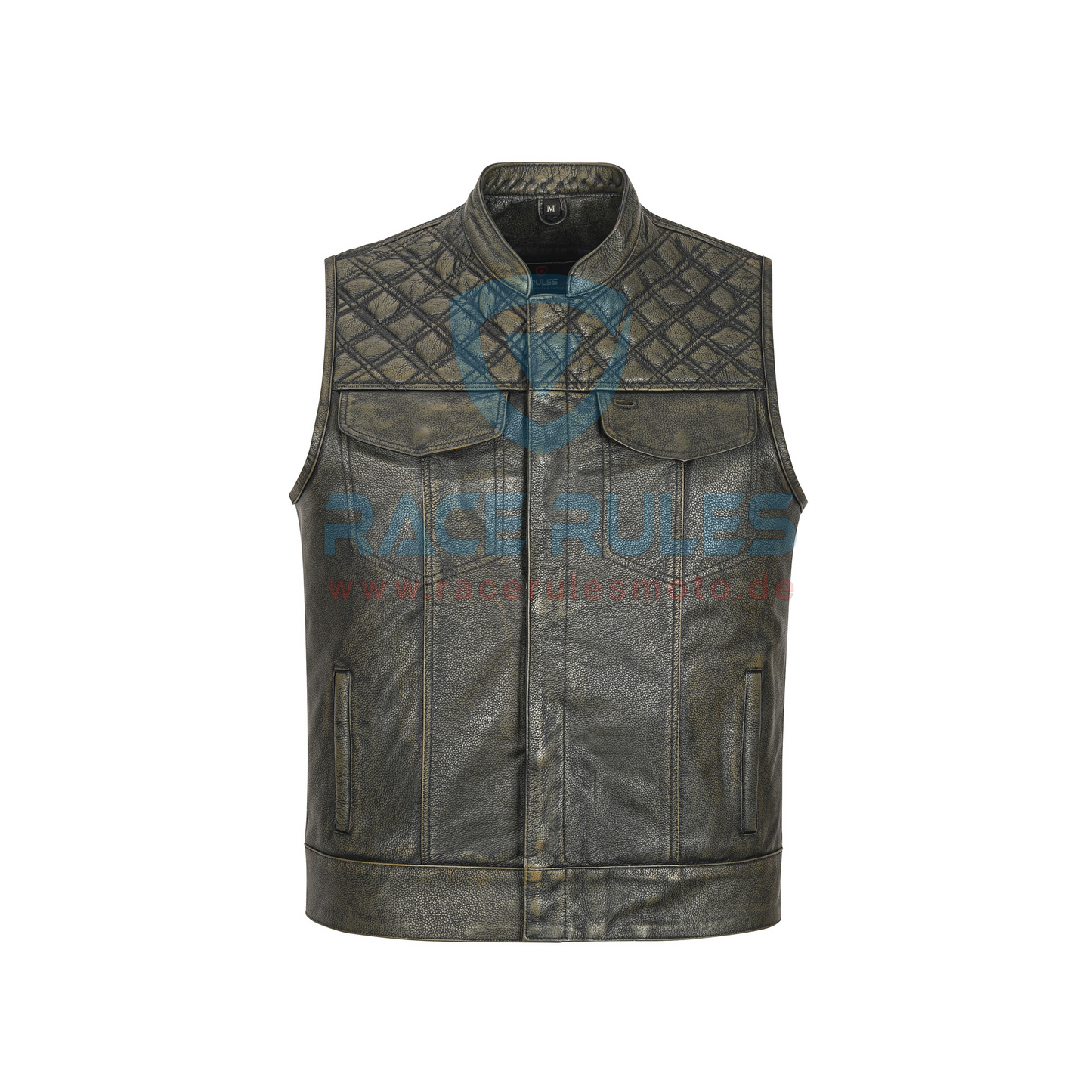 Men’s Distressed Olive Black Leather Motorcycle Vest – Quilted Shoulders & Chronic Shade Finish