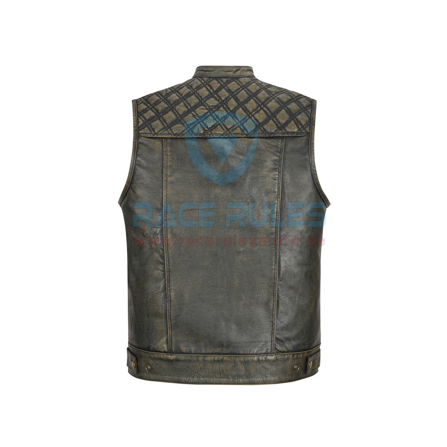 Men’s Distressed Olive Black Leather Motorcycle Vest – Quilted Shoulders & Chronic Shade Finish