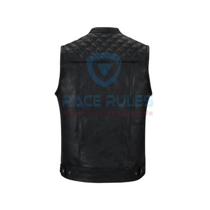 Men’s Black Leather Motorcycle Vest – Quilted Shoulders & Club Style