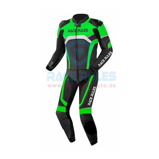 RaceRules Men’s Motorcycle Racing Leather Suit – Black Green One-Piece Track Riding Gear with CE Armor & Sliders