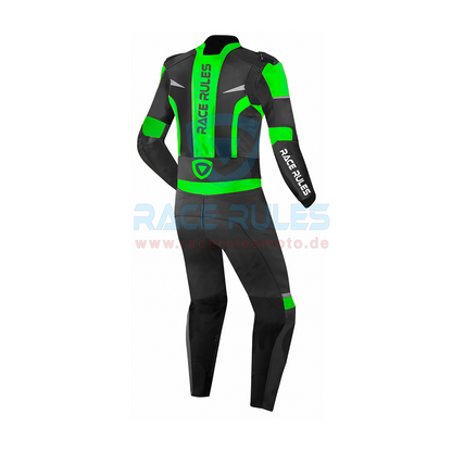 RaceRules Men’s Motorcycle Racing Leather Suit – Black Green One-Piece Track Riding Gear with CE Armor & Sliders